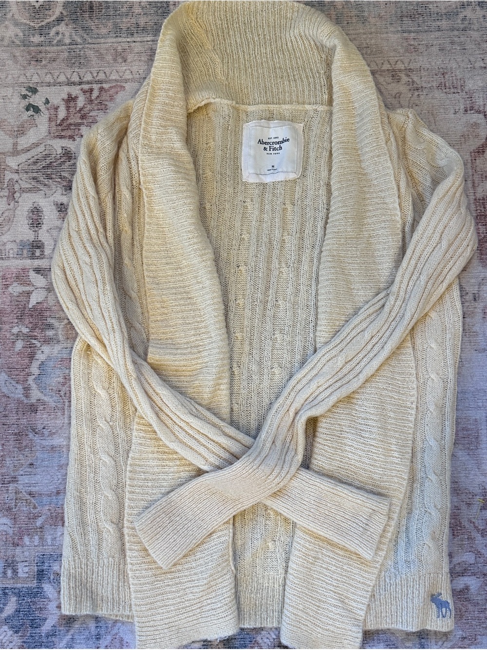 VINTAGE Abercrombie & Fitch Cream Cable-Knit Shawl Cardigan Sweater